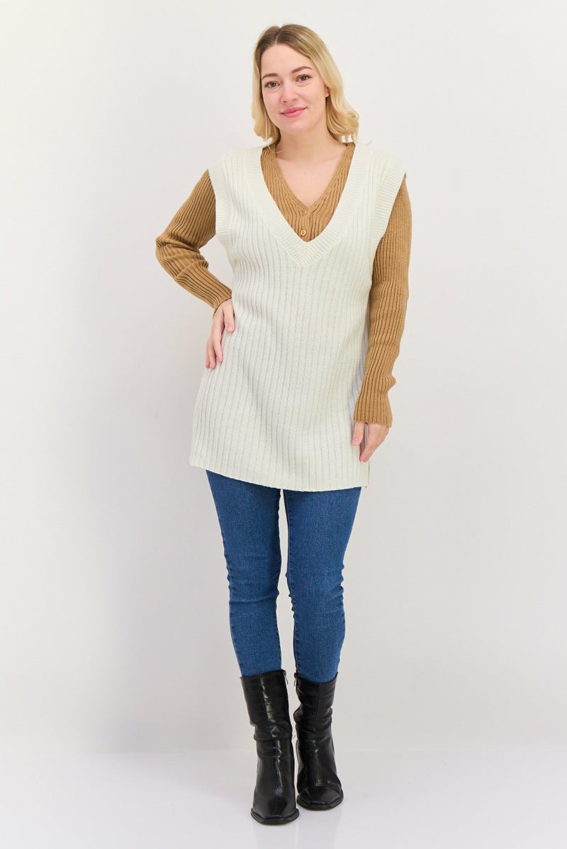 Black Tape سترة نسائية بدون أكمام على شكل حرف V، عاجي - Image 4